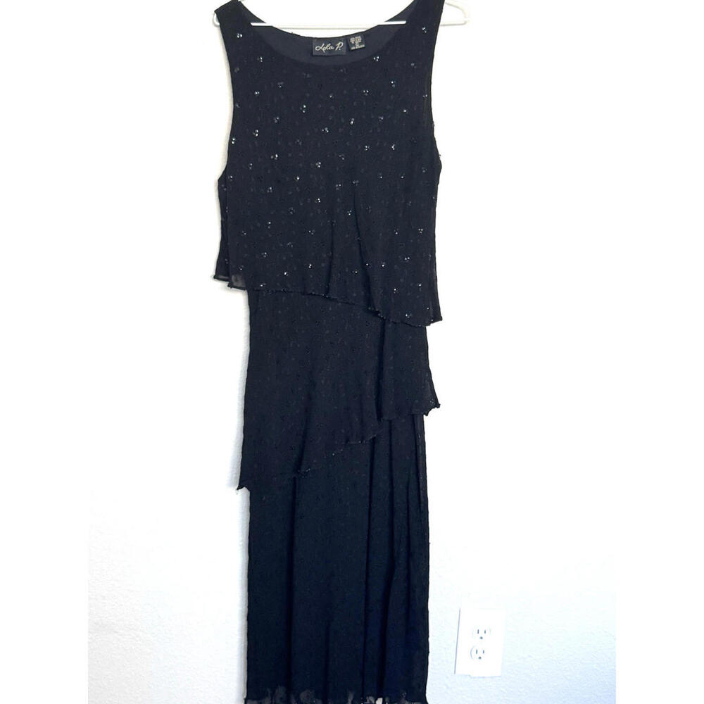 Lola P. Black Beaded Tiered Sleeveless Midi Dress L | Formal Cocktail Party Rayo - Picture 2 of 13